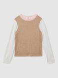 Reiss Kids' Audrey Wool Cashmere Blend Colour Block Jumper, Camel
