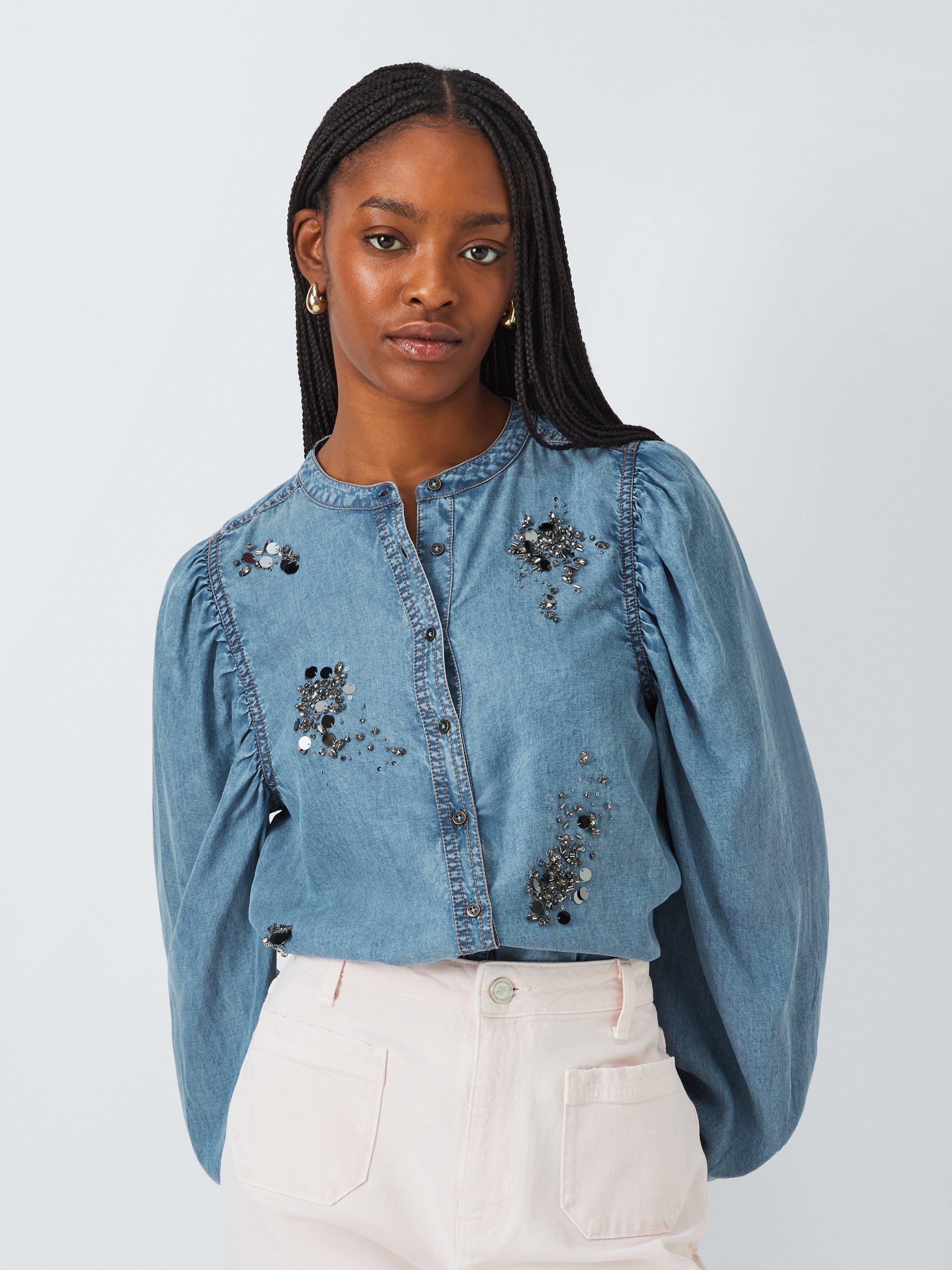 Product image 1 of 6, which shows AND/OR Etta Embellished Denim Shirt, Denim Blue, 6