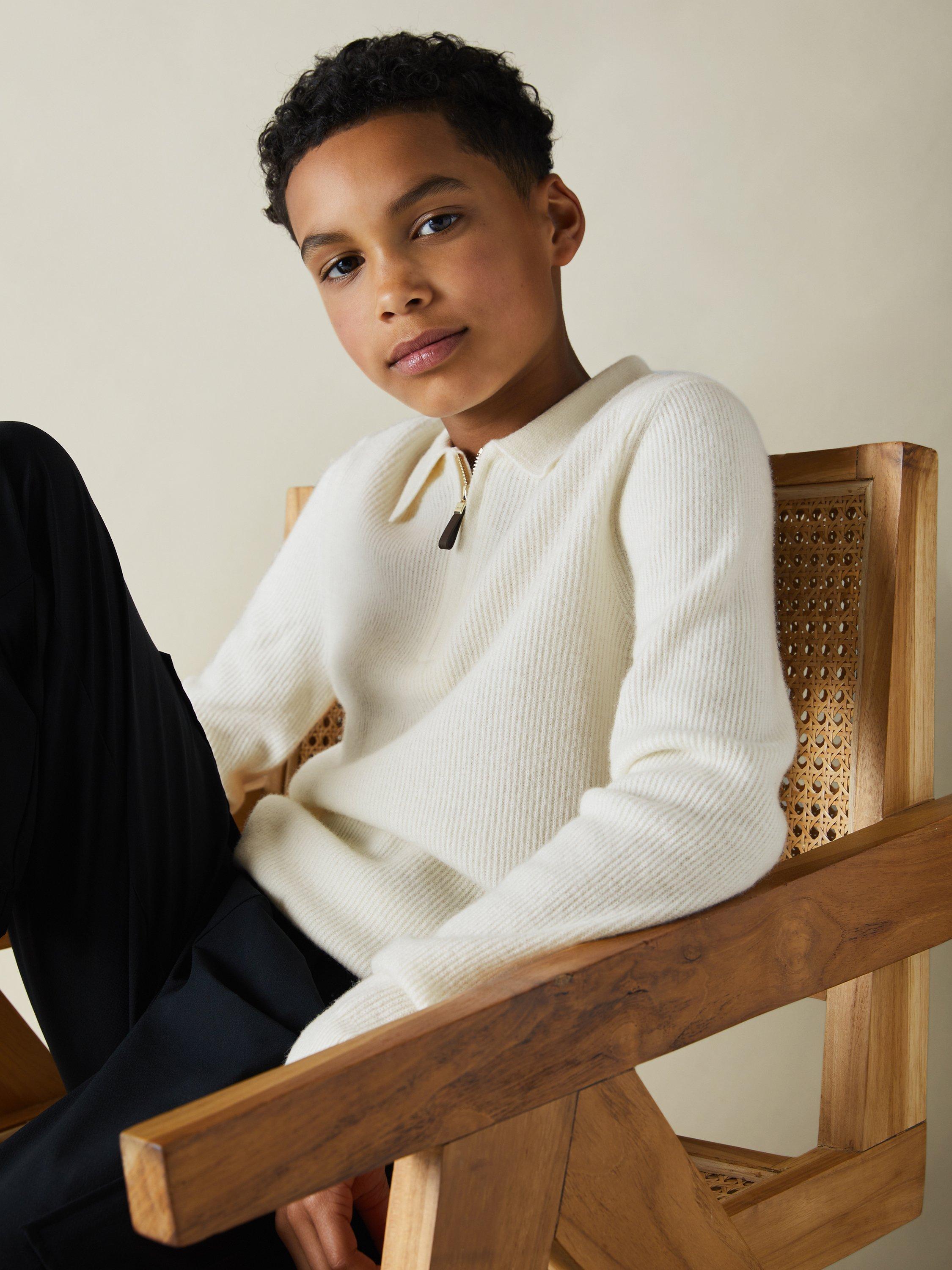 Product image 3 of 4, which shows Reiss Kids' Regis Wool Long Sleeve Polo Shirt, Off White, 5-6 years