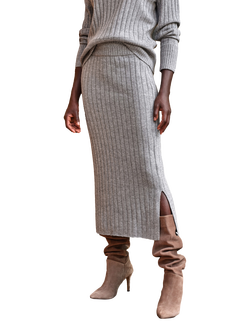 Pure Collection Ribbed Wool Rich Skirt, Grey Marl, Grey Marl