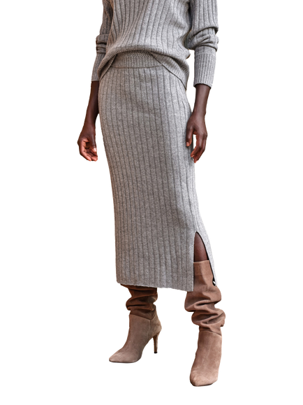 Pure Collection Ribbed Wool Rich Skirt, Grey Marl, Grey Marl