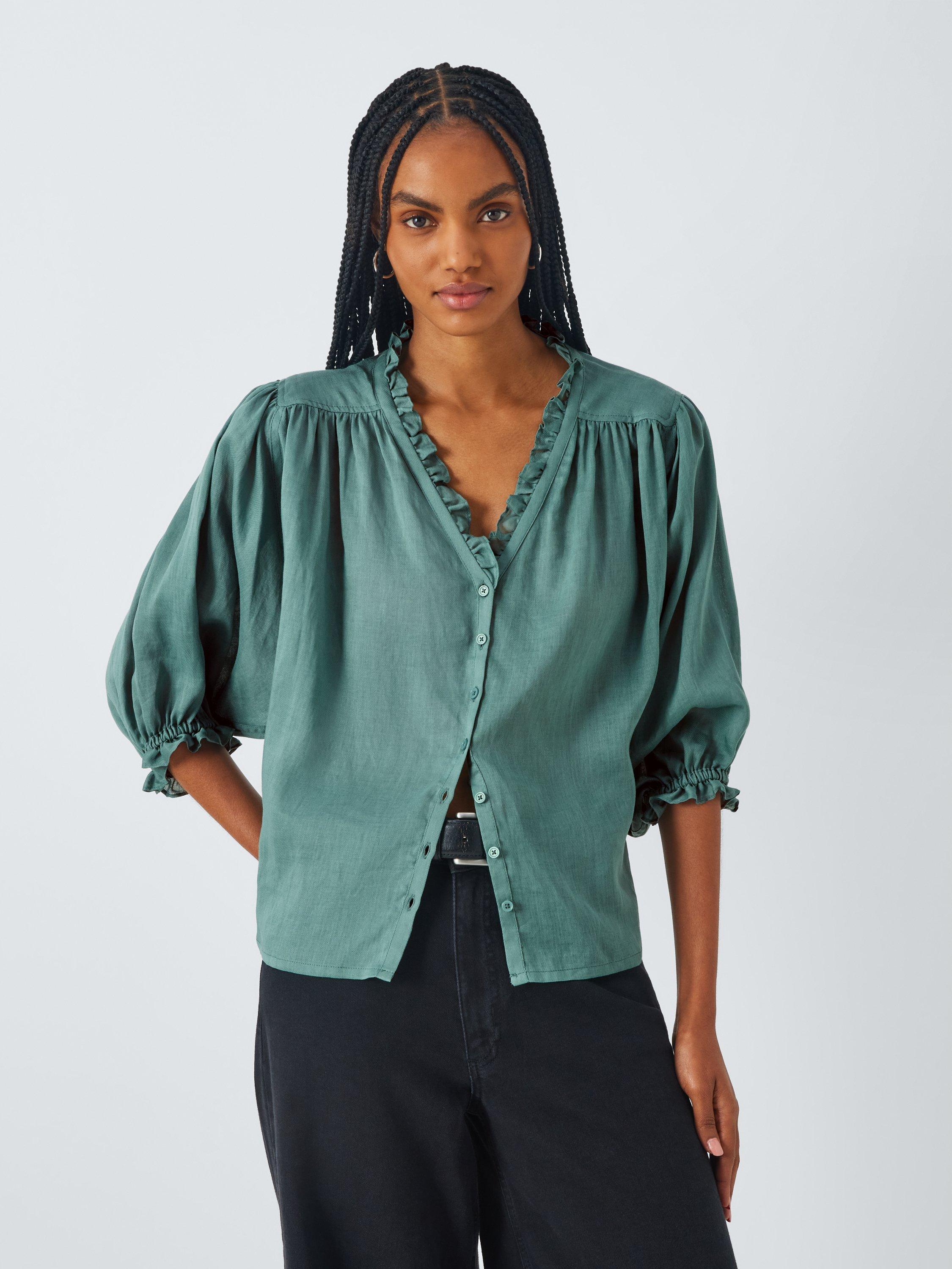 Product image 1 of 6, which shows AND/OR Katya Ruffle Shirt, Sagebush Green, 6