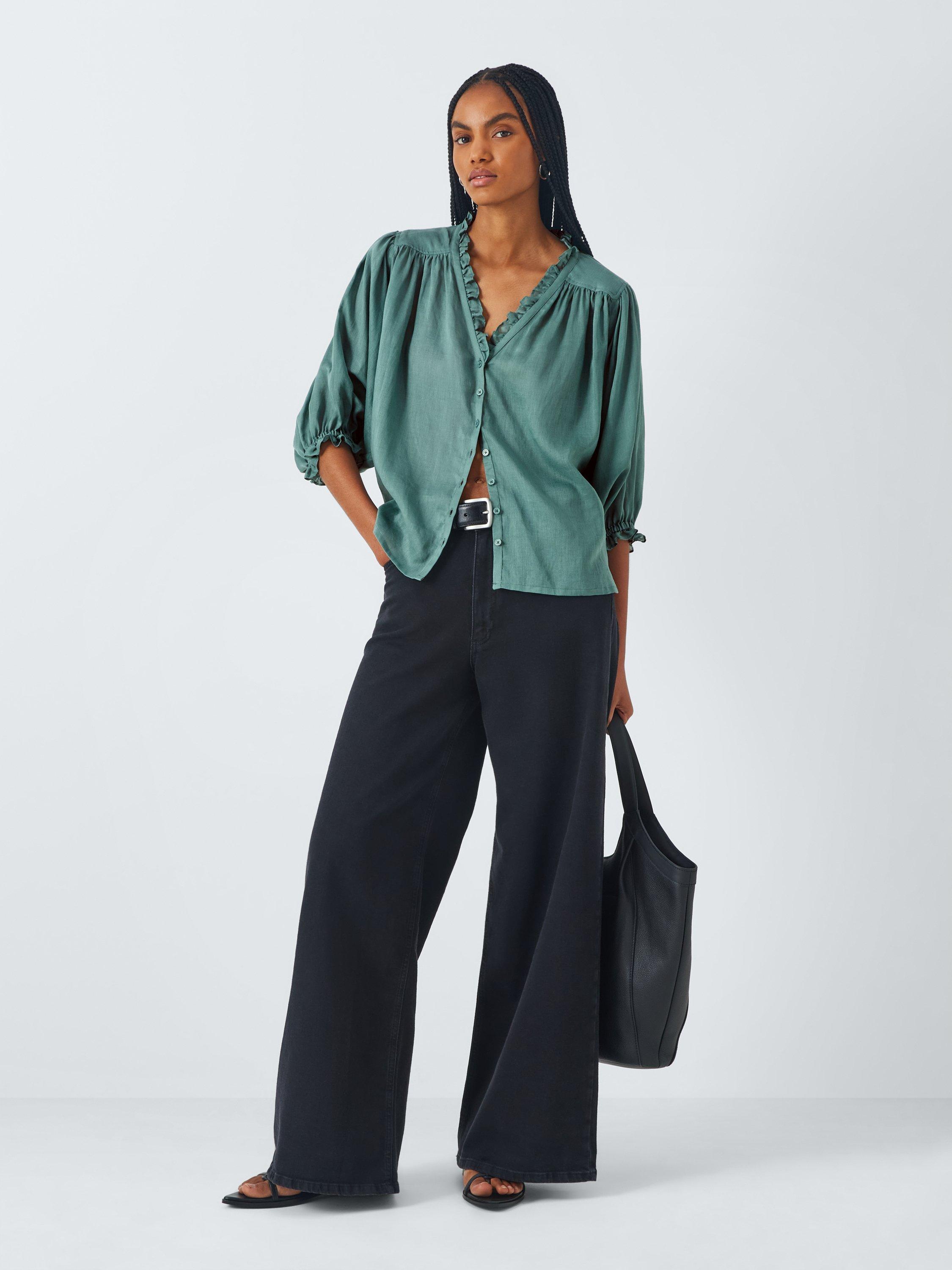 Product image 3 of 6, which shows AND/OR Katya Ruffle Shirt, Sagebush Green, 6