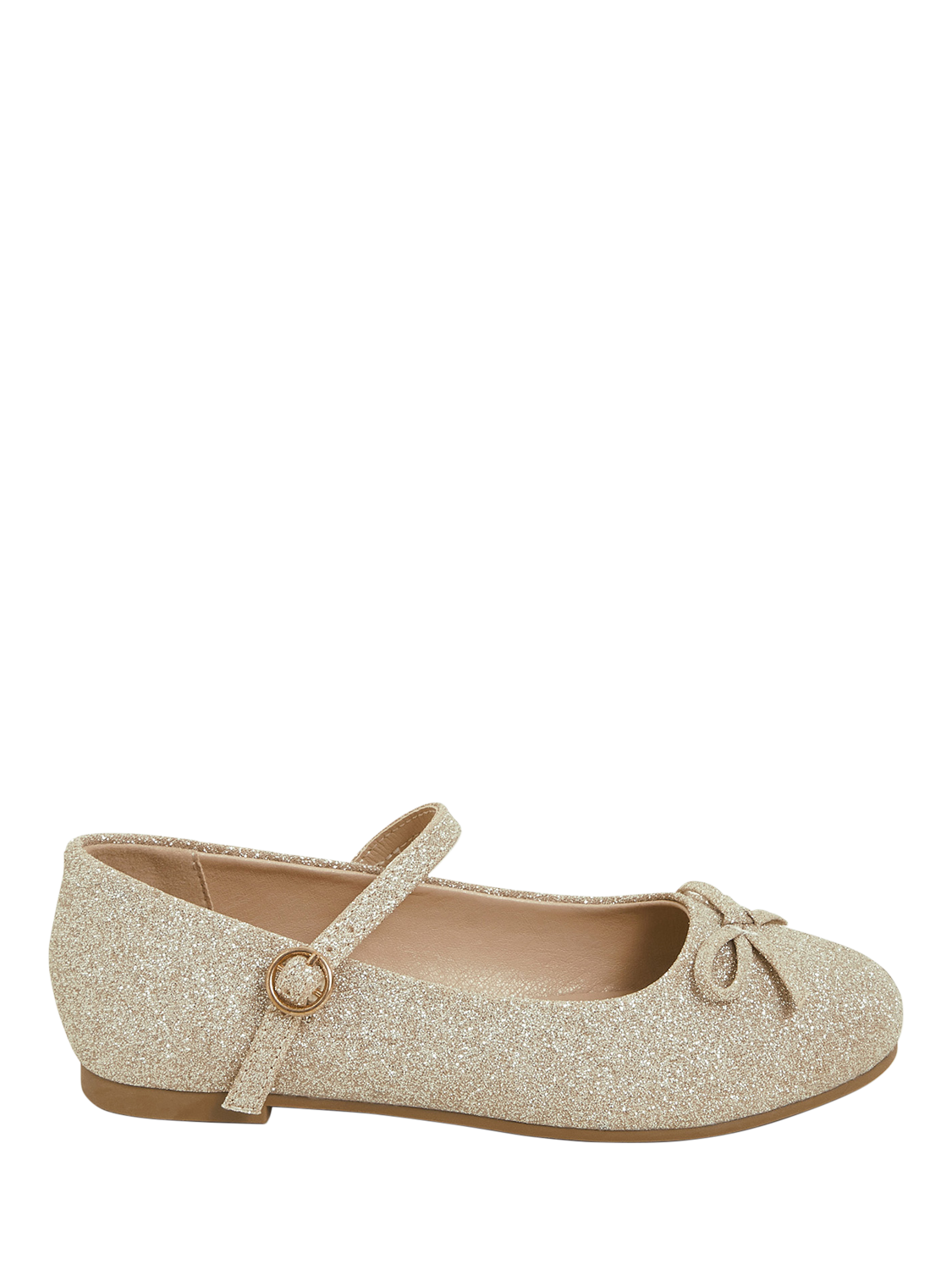Product image 1 of 3, which shows Angels by Accessorize Kids' Glitter Bow Ballerina Flat Shoes, Gold, 7 Jnr
