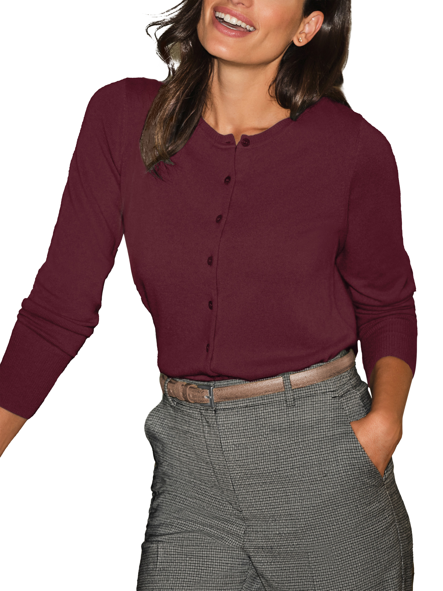 Product image 1 of 1, which shows Pure Collection Cashmere Crew Cardigan, Dark Red, 8