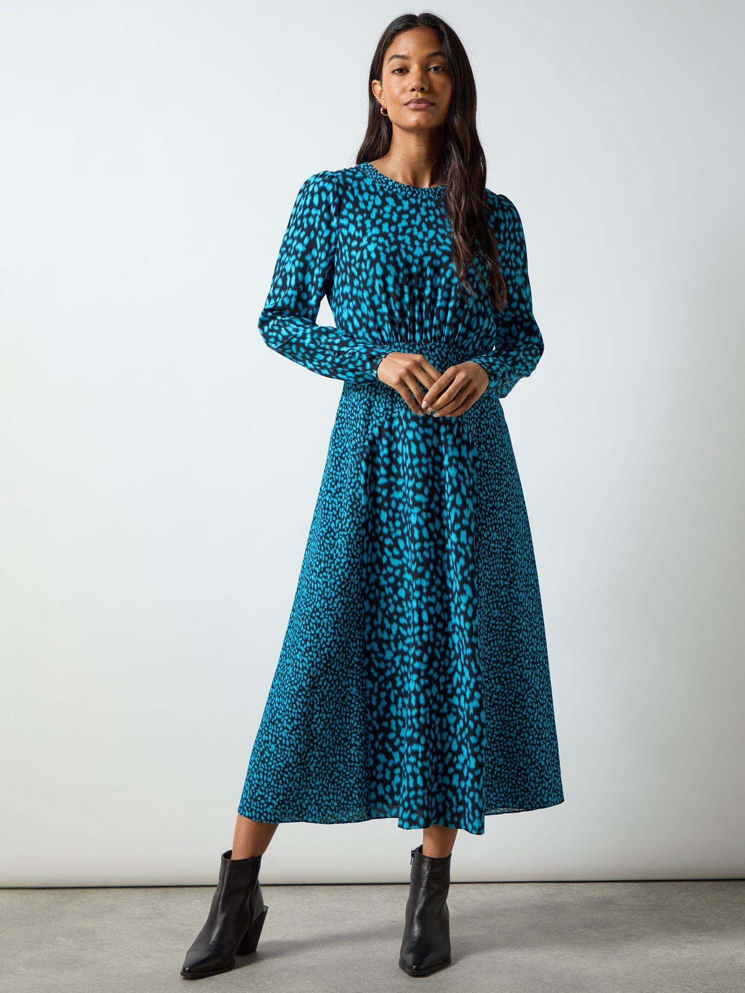 Ro&Zo Dash Print Godet Dress, Turquoise