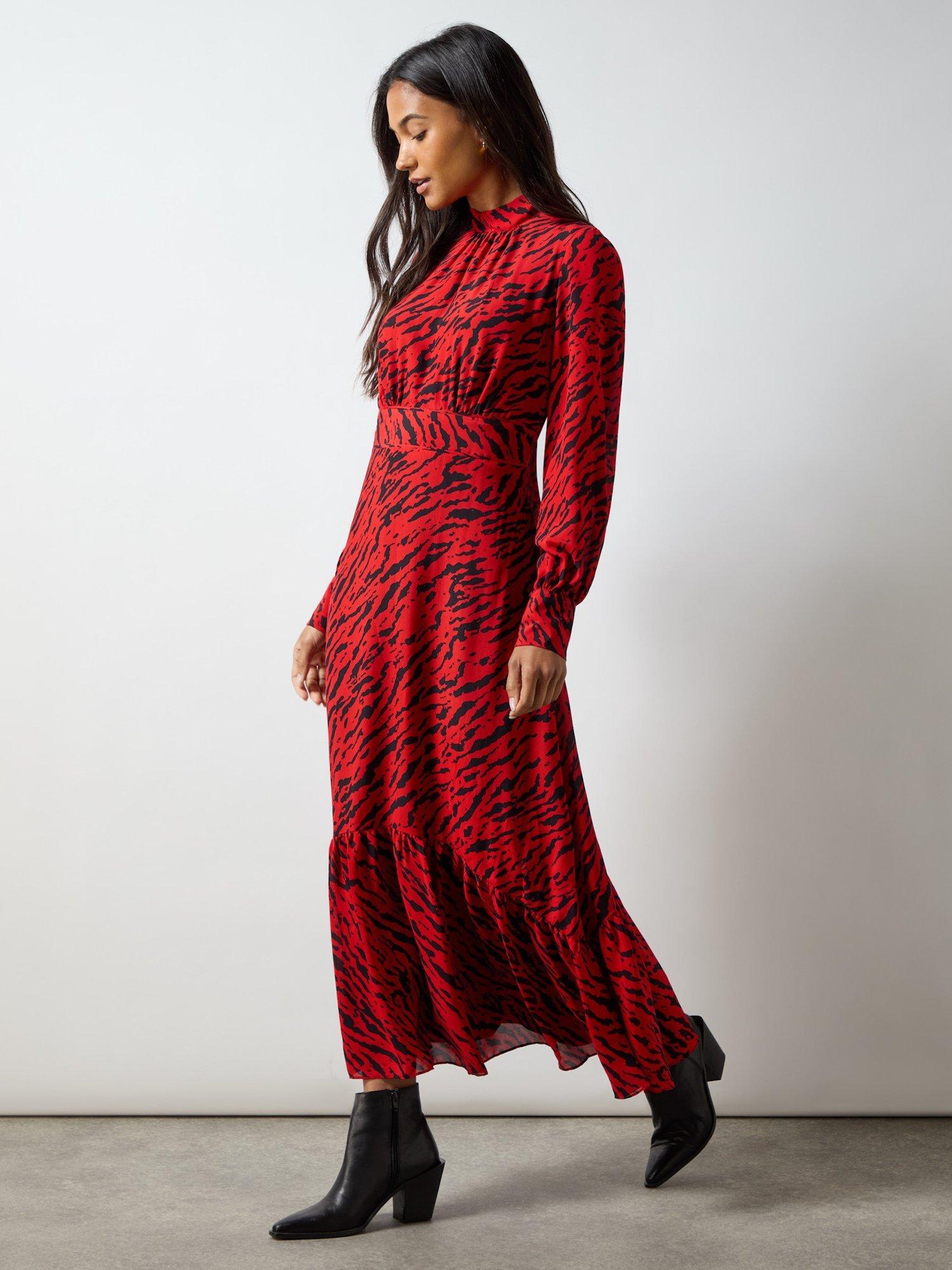 Product image 1 of 6, which shows Ro&Zo Petite Zebra Print Tie Back Midi Dress, Red, 6Pt