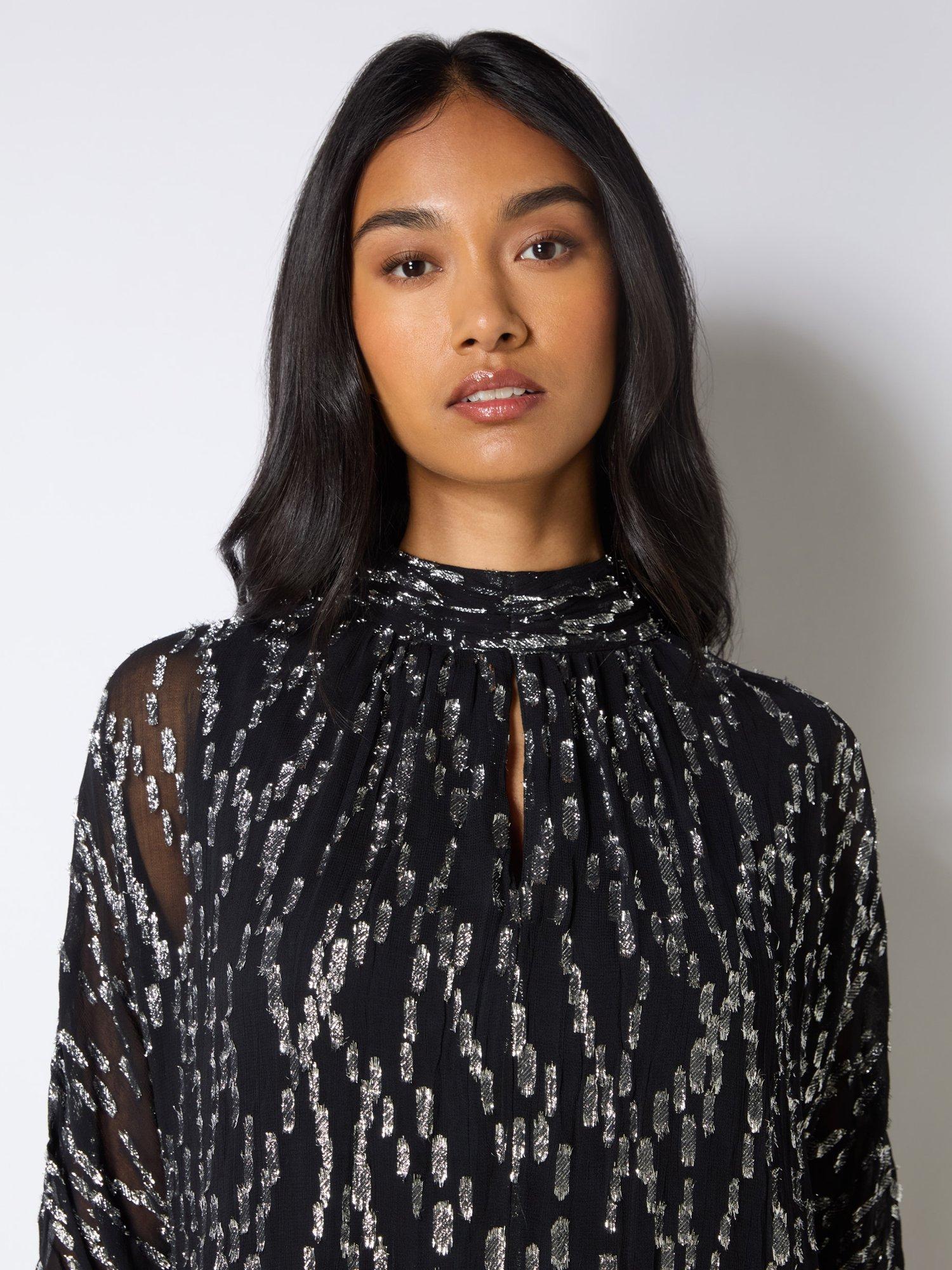Product image 5 of 6, which shows Ro&Zo Foil Batwing Dress, Black/Silver, 8