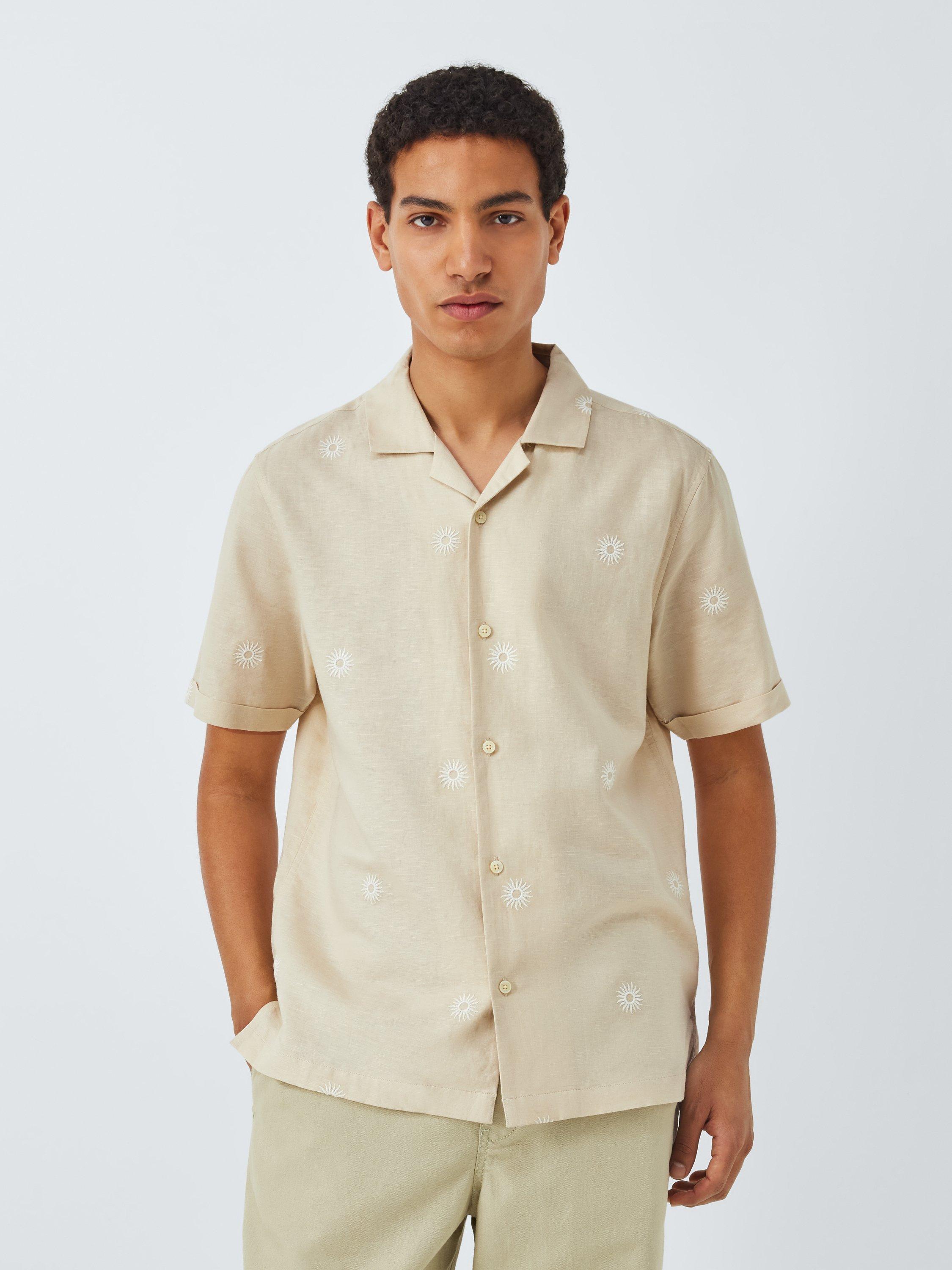 Product image 1 of 6, which shows John Lewis Resort Collection Embroidered Sun Linen Blend Short Sleeve Shirt, Natural Multi, S