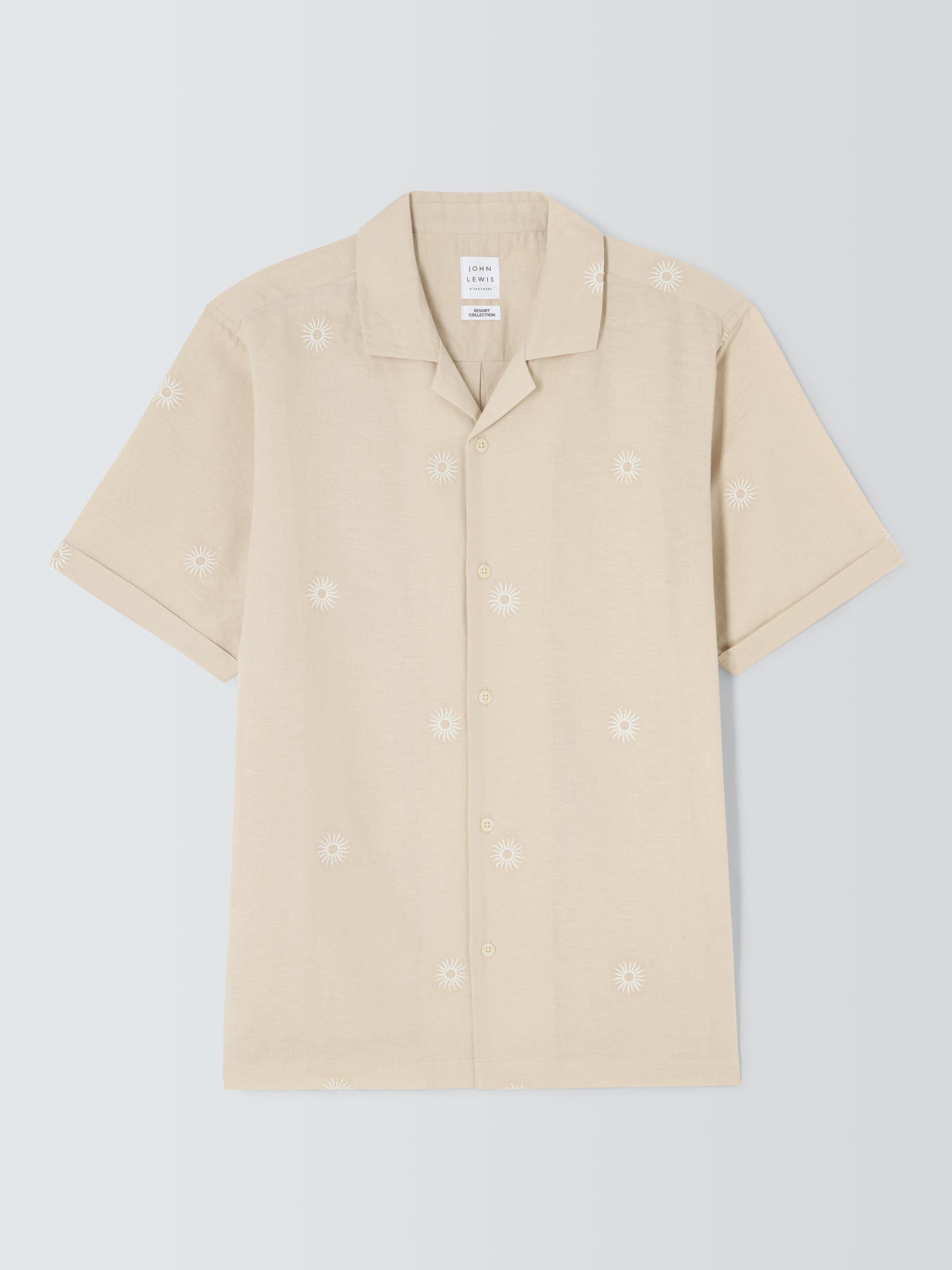 Product image 4 of 6, which shows John Lewis Resort Collection Embroidered Sun Linen Blend Short Sleeve Shirt, Natural Multi, S