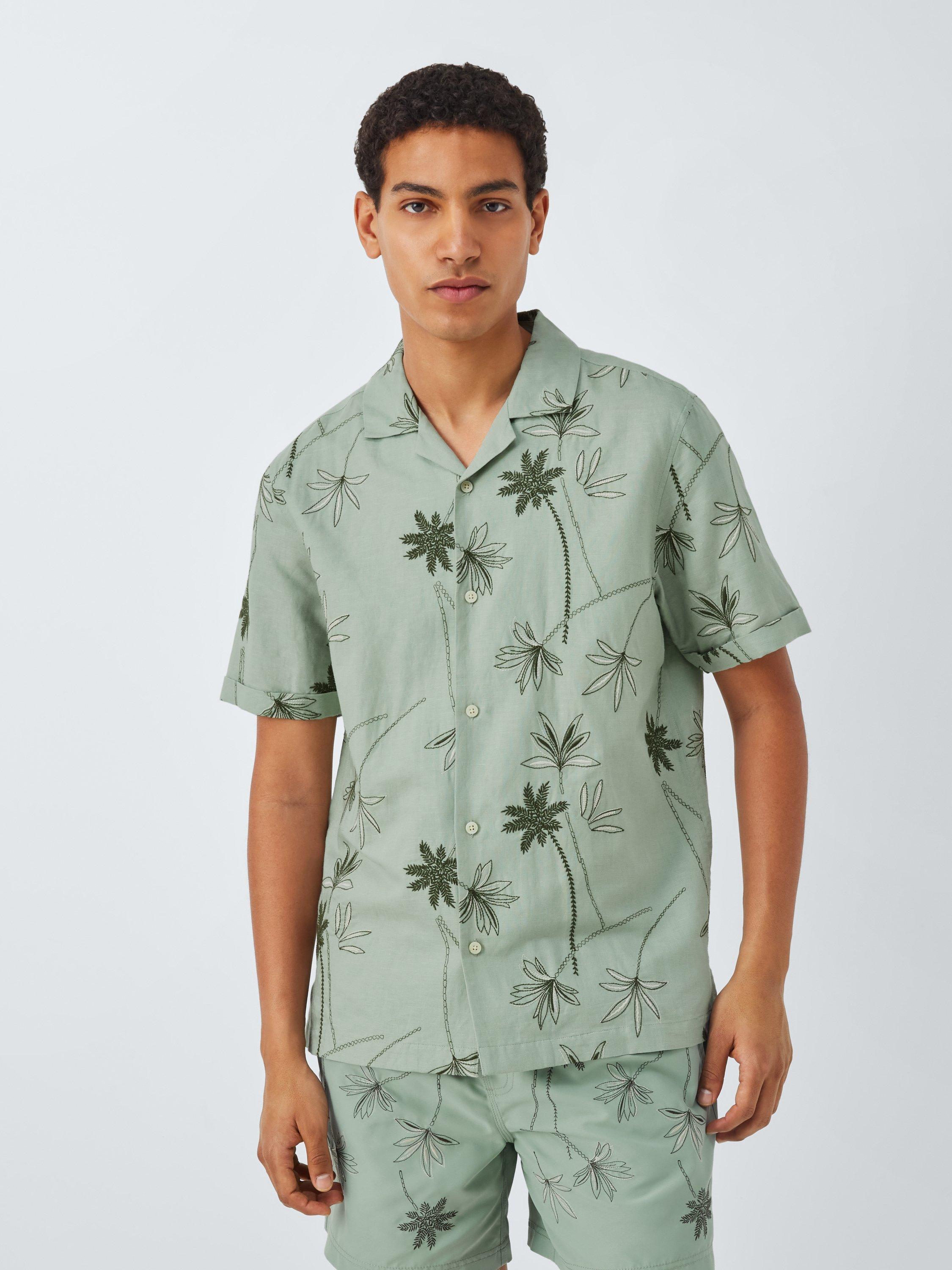 Product image 1 of 6, which shows John Lewis Resort Collection Embroidered Palm Linen Blend Short Sleeve Shirt, Green Multi, M