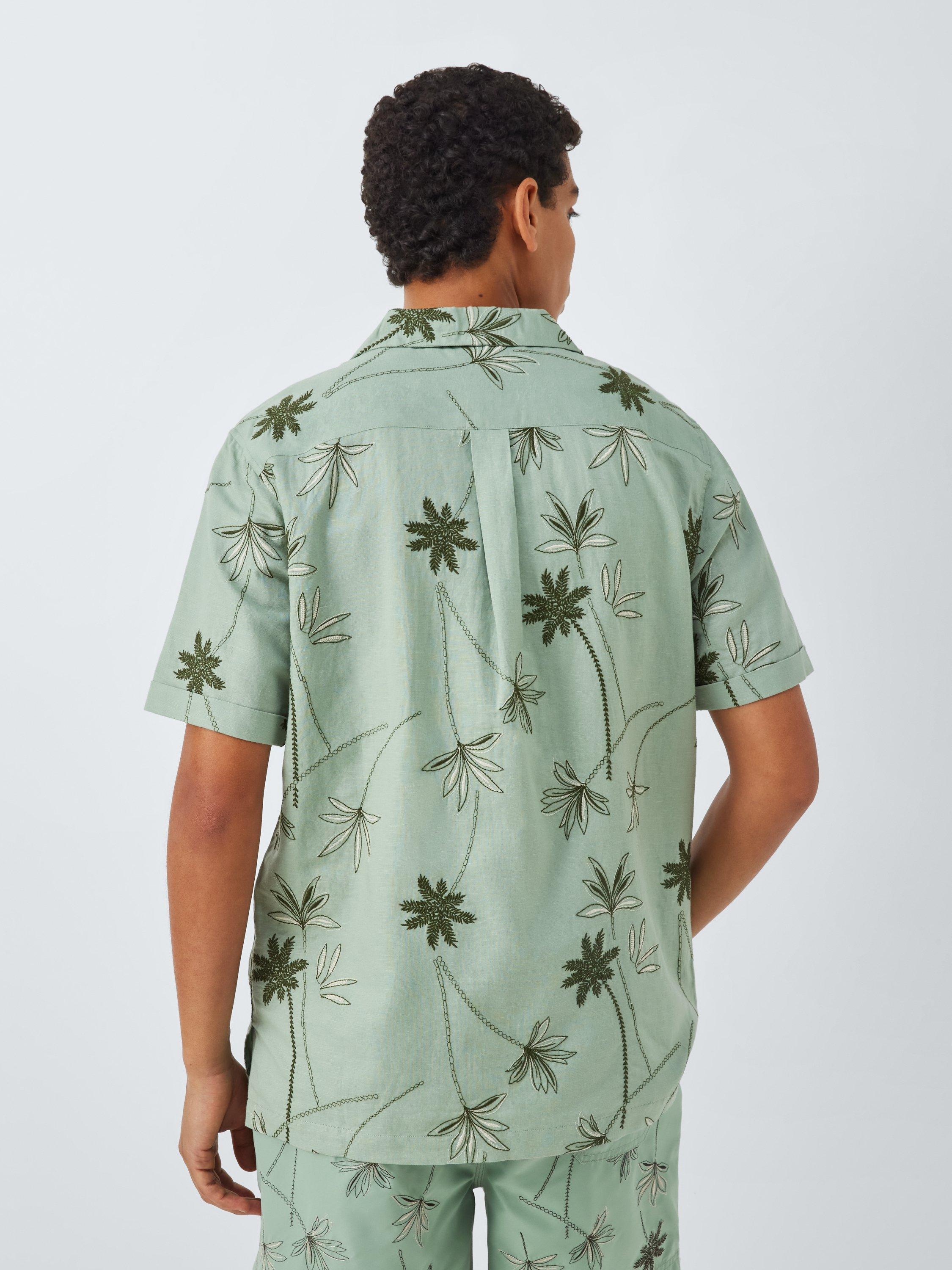 Product image 2 of 6, which shows John Lewis Resort Collection Embroidered Palm Linen Blend Short Sleeve Shirt, Green Multi, M