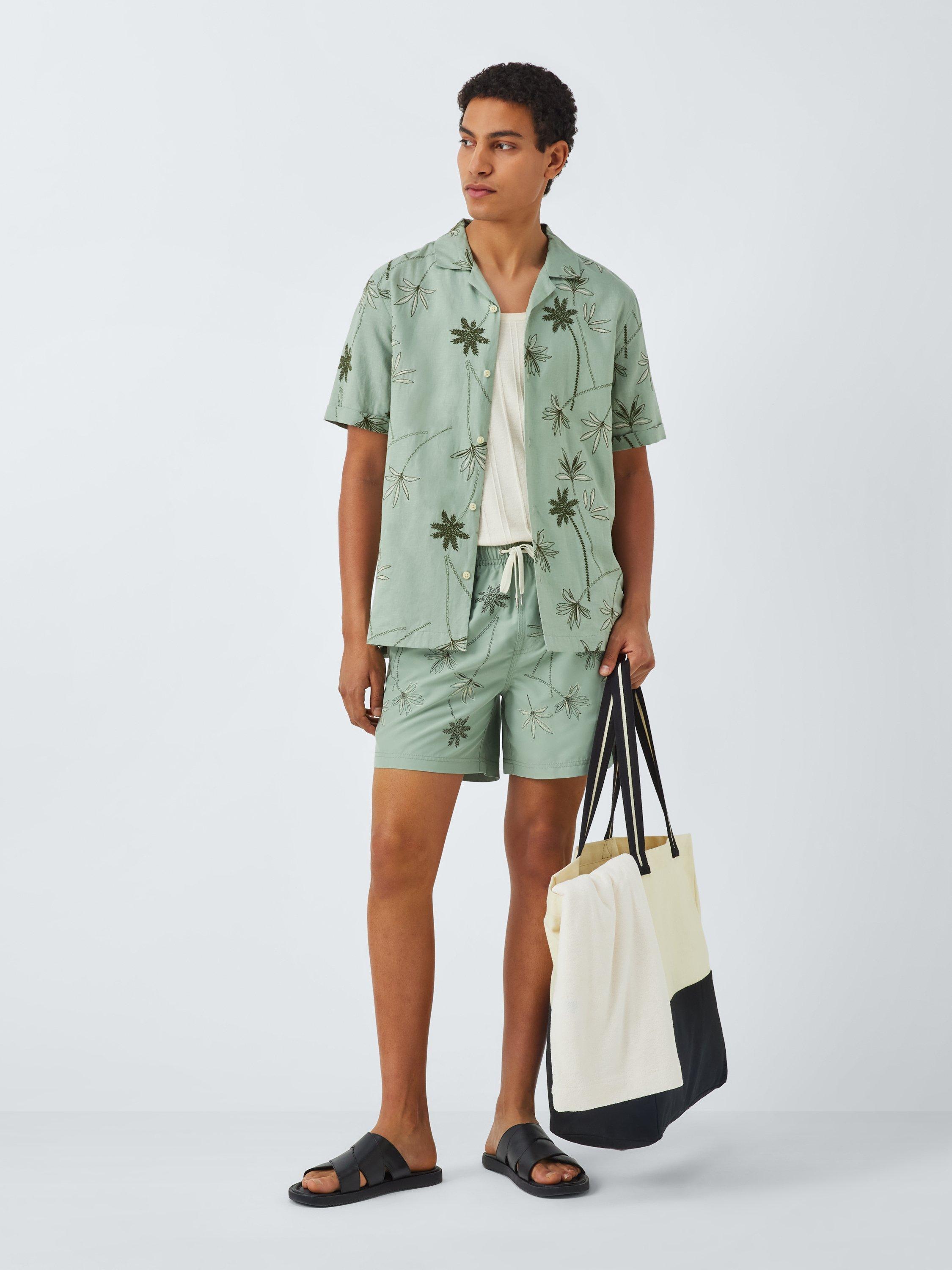 Product image 3 of 6, which shows John Lewis Resort Collection Embroidered Palm Linen Blend Short Sleeve Shirt, Green Multi, M