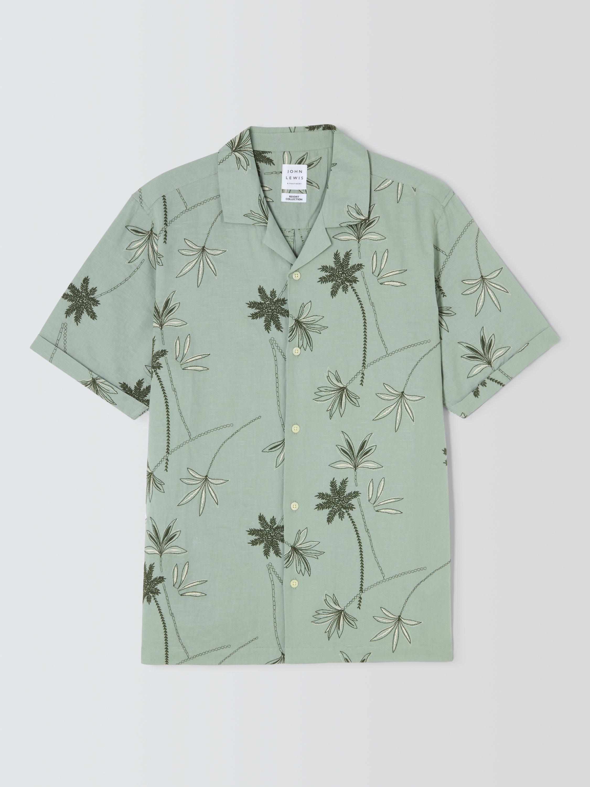 Product image 4 of 6, which shows John Lewis Resort Collection Embroidered Palm Linen Blend Short Sleeve Shirt, Green Multi, M