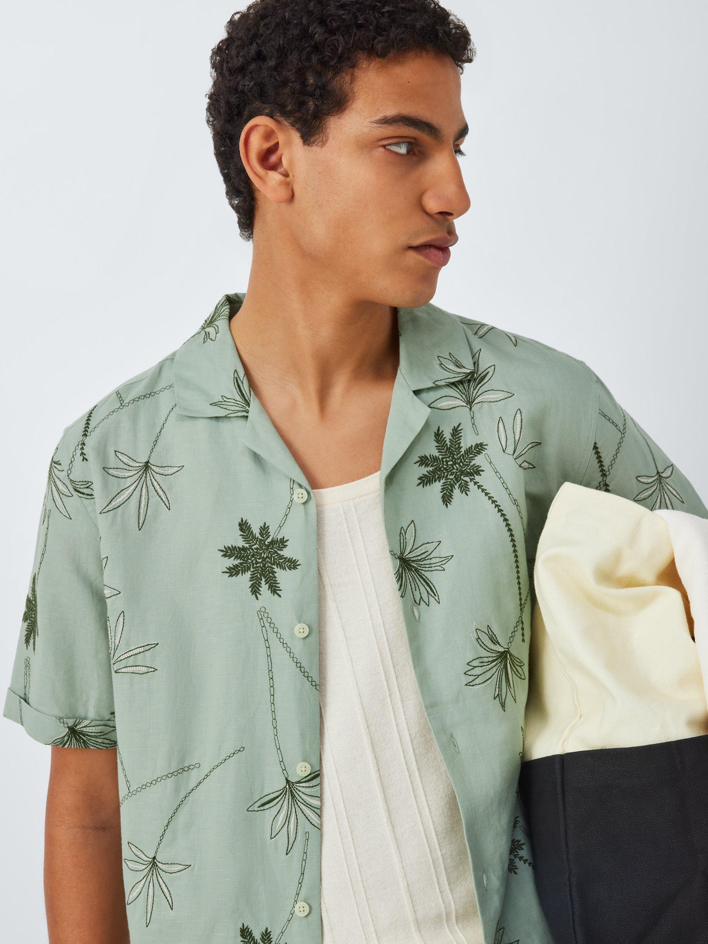 Product image 5 of 6, which shows John Lewis Resort Collection Embroidered Palm Linen Blend Short Sleeve Shirt, Green Multi, M