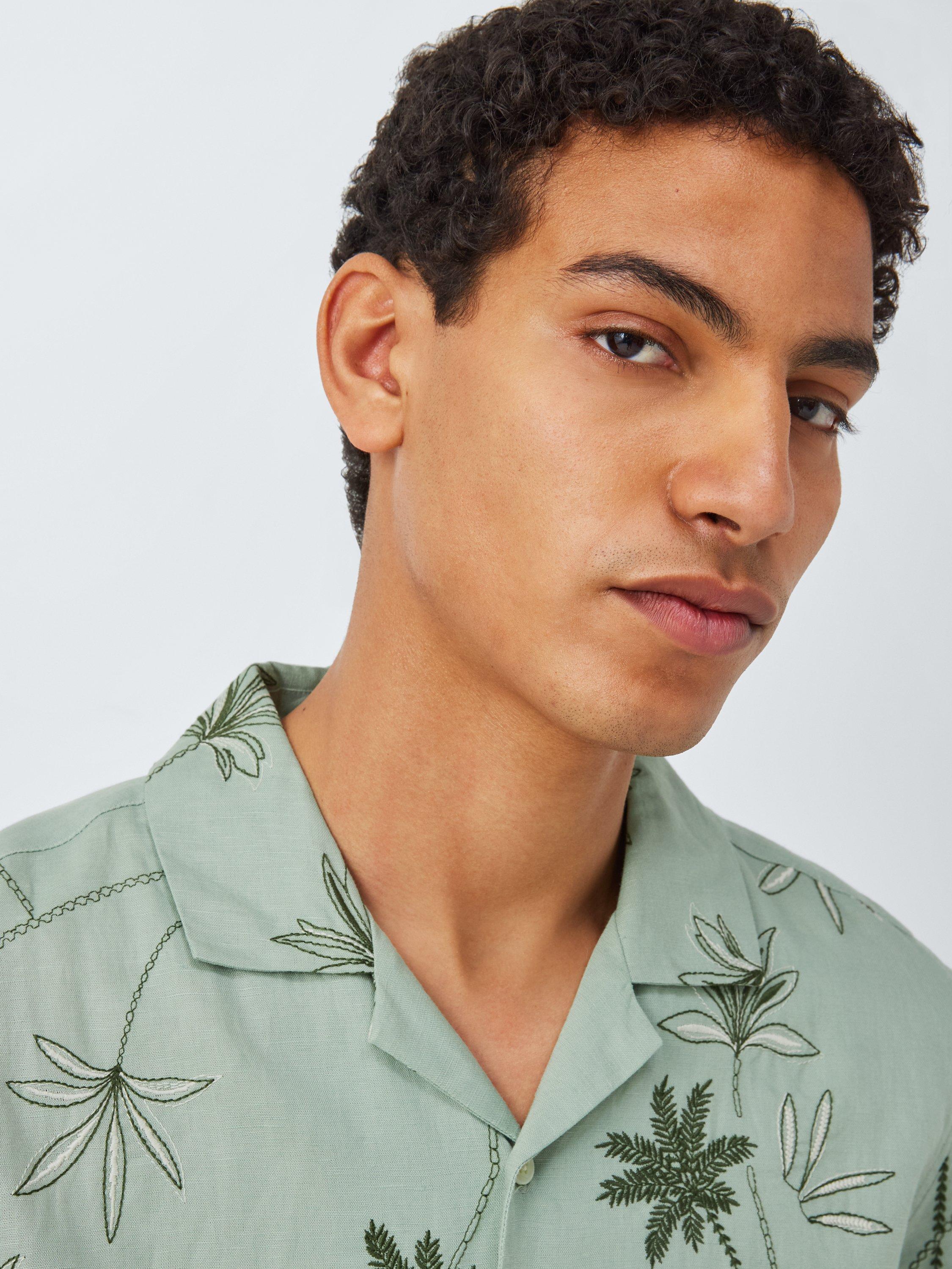 Product image 6 of 6, which shows John Lewis Resort Collection Embroidered Palm Linen Blend Short Sleeve Shirt, Green Multi, M