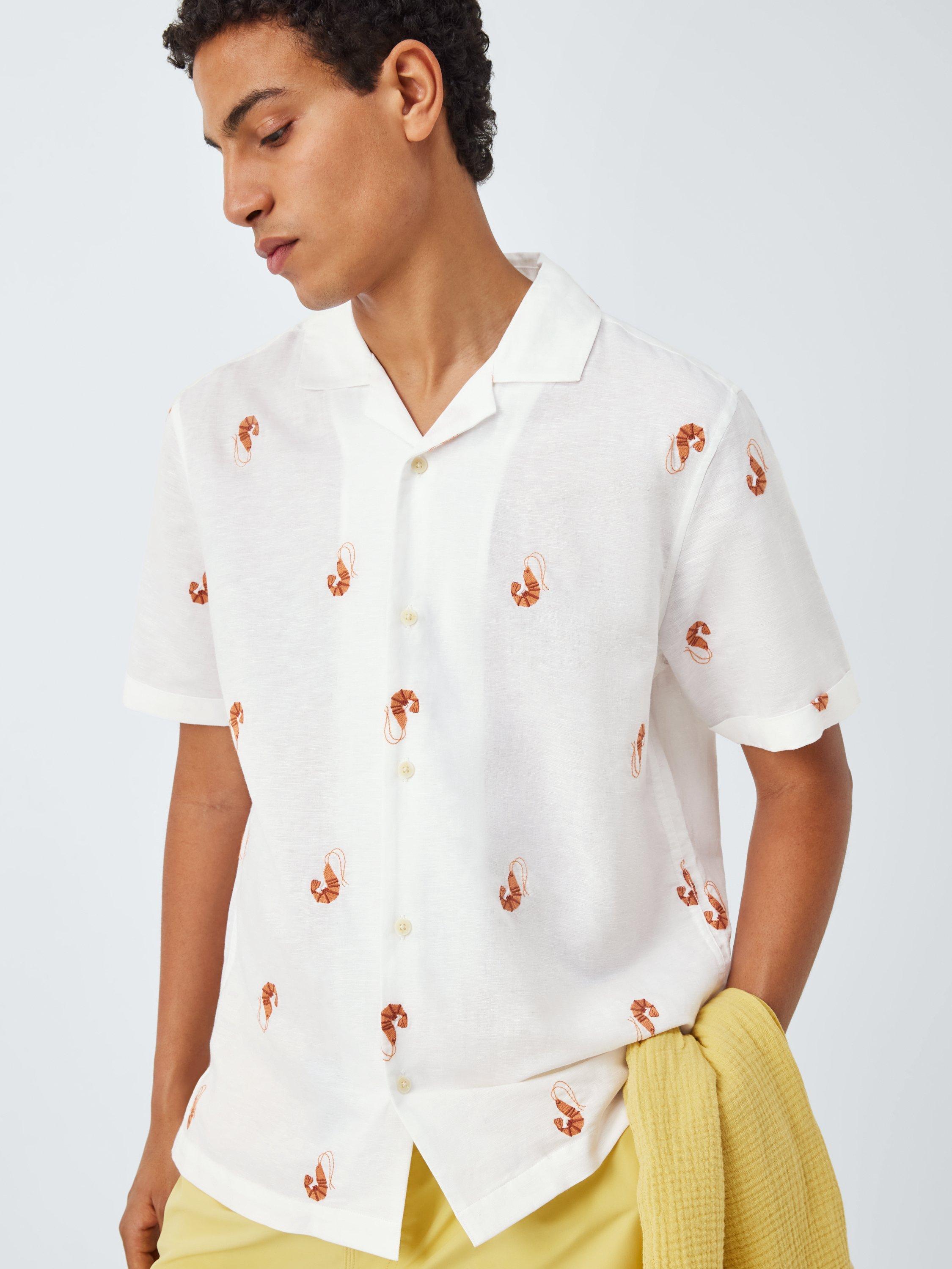 Product image 6 of 6, which shows John Lewis Resort Collection Embroidered Shrimp Linen Blend Short Sleeve Shirt, Natural Multi, S