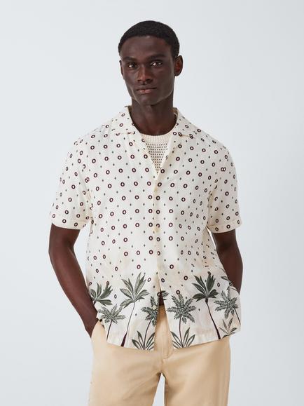 John Lewis Resort Collection Shadow Palm Print Linen Blend Short Sleeve Shirt, White Multi, White Multi