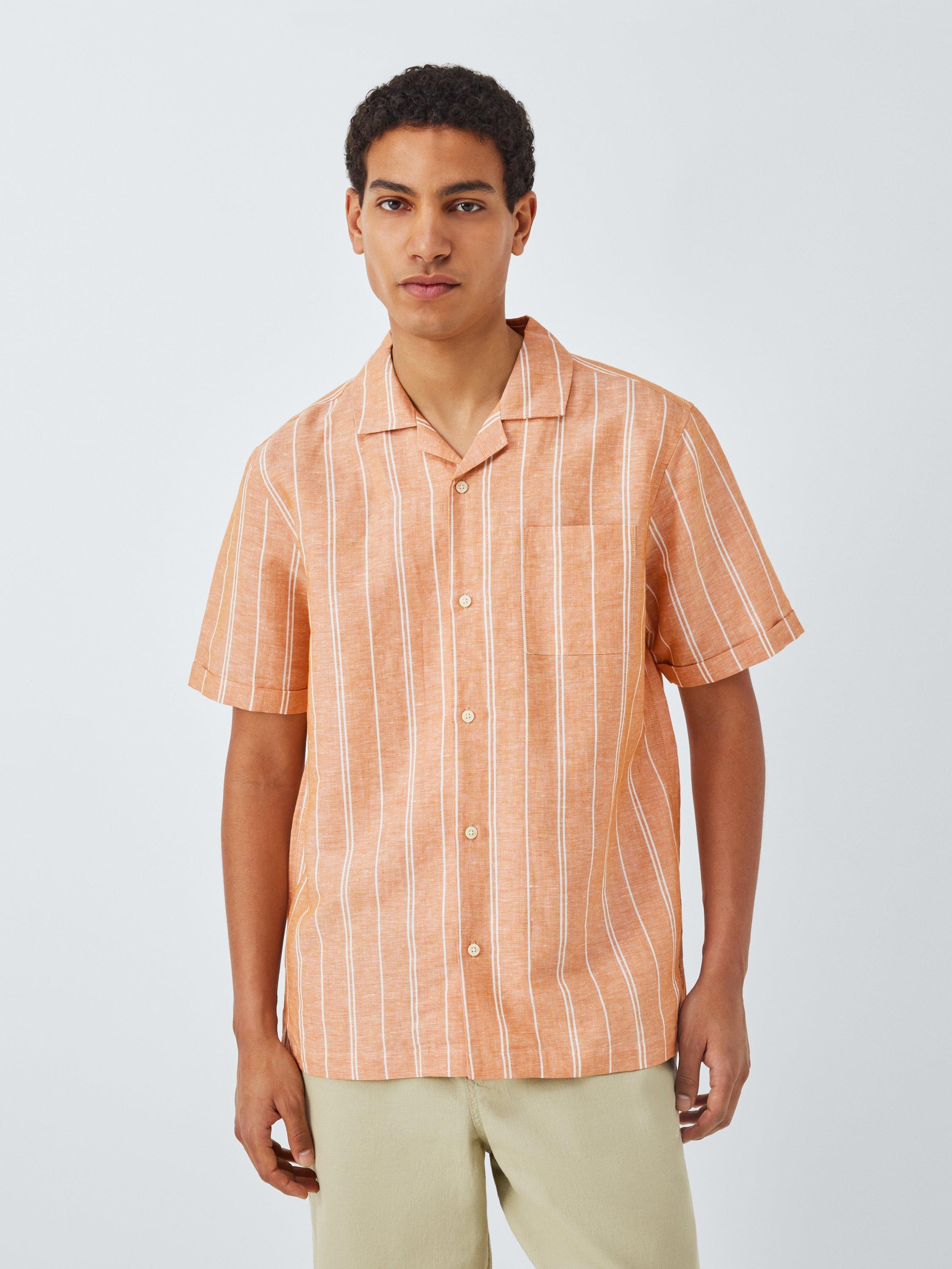 Product image 1 of 6, which shows John Lewis Resort Collection Chios Stripe Linen Blend Short Sleeve Shirt, Dark Orange, S