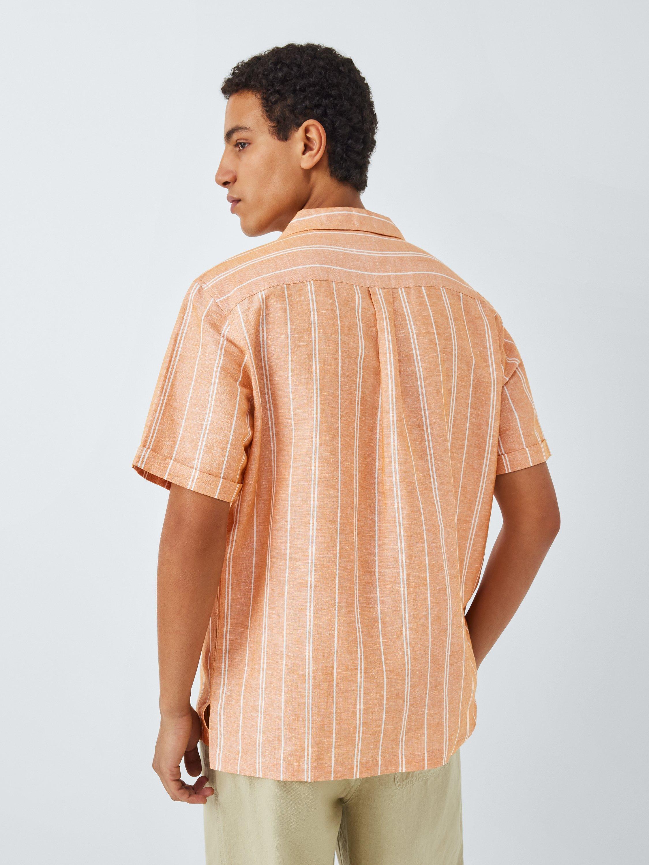 Product image 2 of 6, which shows John Lewis Resort Collection Chios Stripe Linen Blend Short Sleeve Shirt, Dark Orange, S