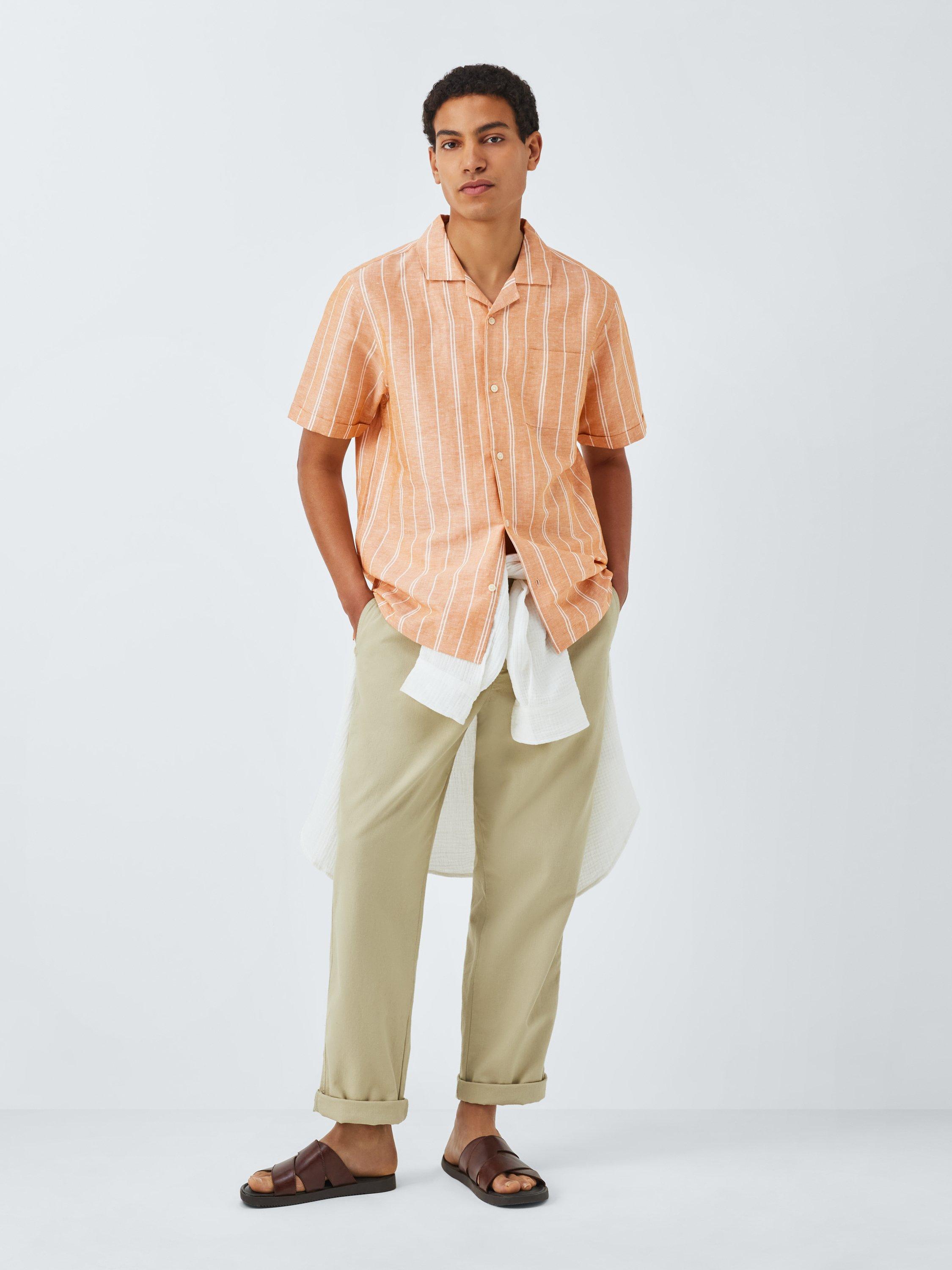 Product image 3 of 6, which shows John Lewis Resort Collection Chios Stripe Linen Blend Short Sleeve Shirt, Dark Orange, S