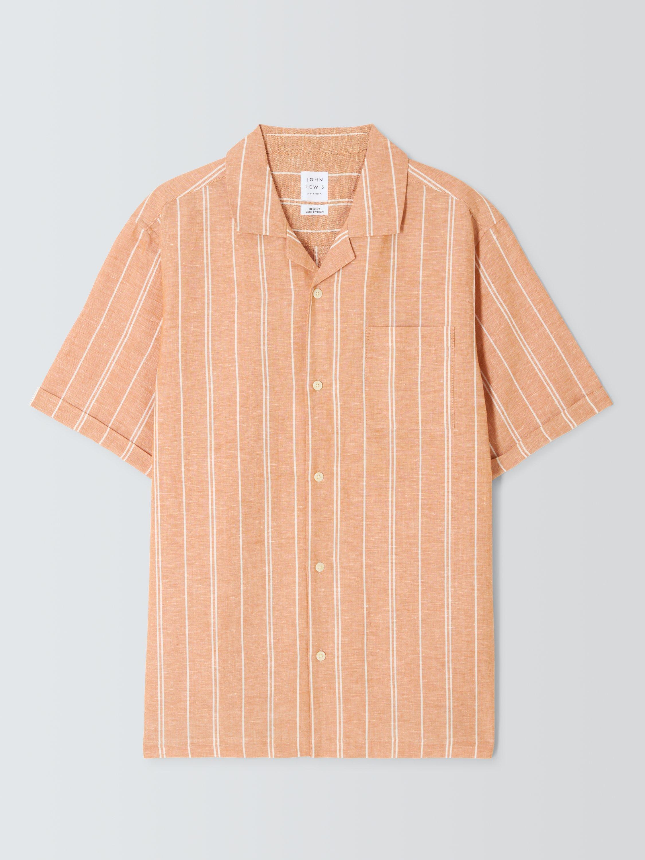 Product image 4 of 6, which shows John Lewis Resort Collection Chios Stripe Linen Blend Short Sleeve Shirt, Dark Orange, S