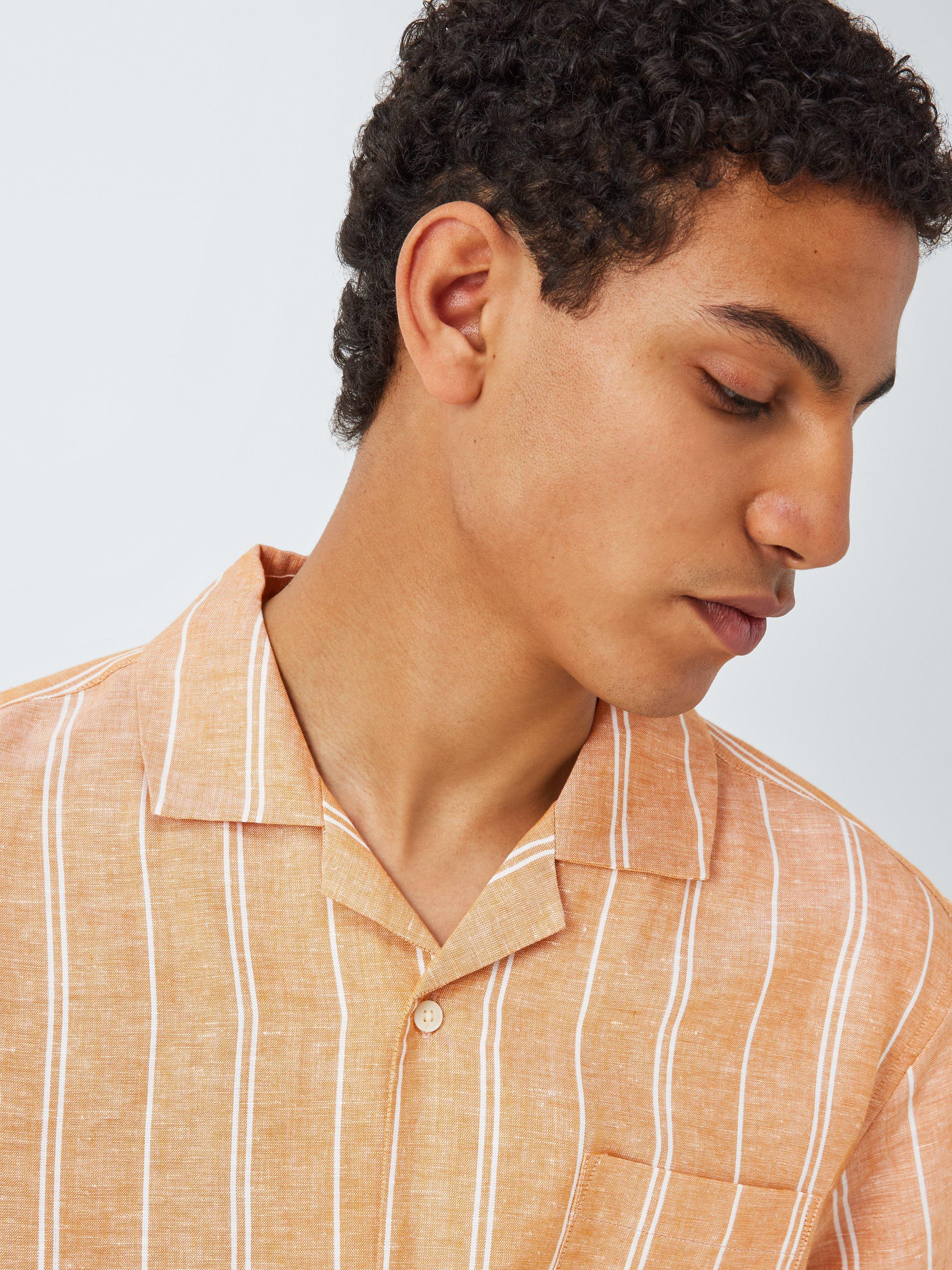 Product image 5 of 6, which shows John Lewis Resort Collection Chios Stripe Linen Blend Short Sleeve Shirt, Dark Orange, S