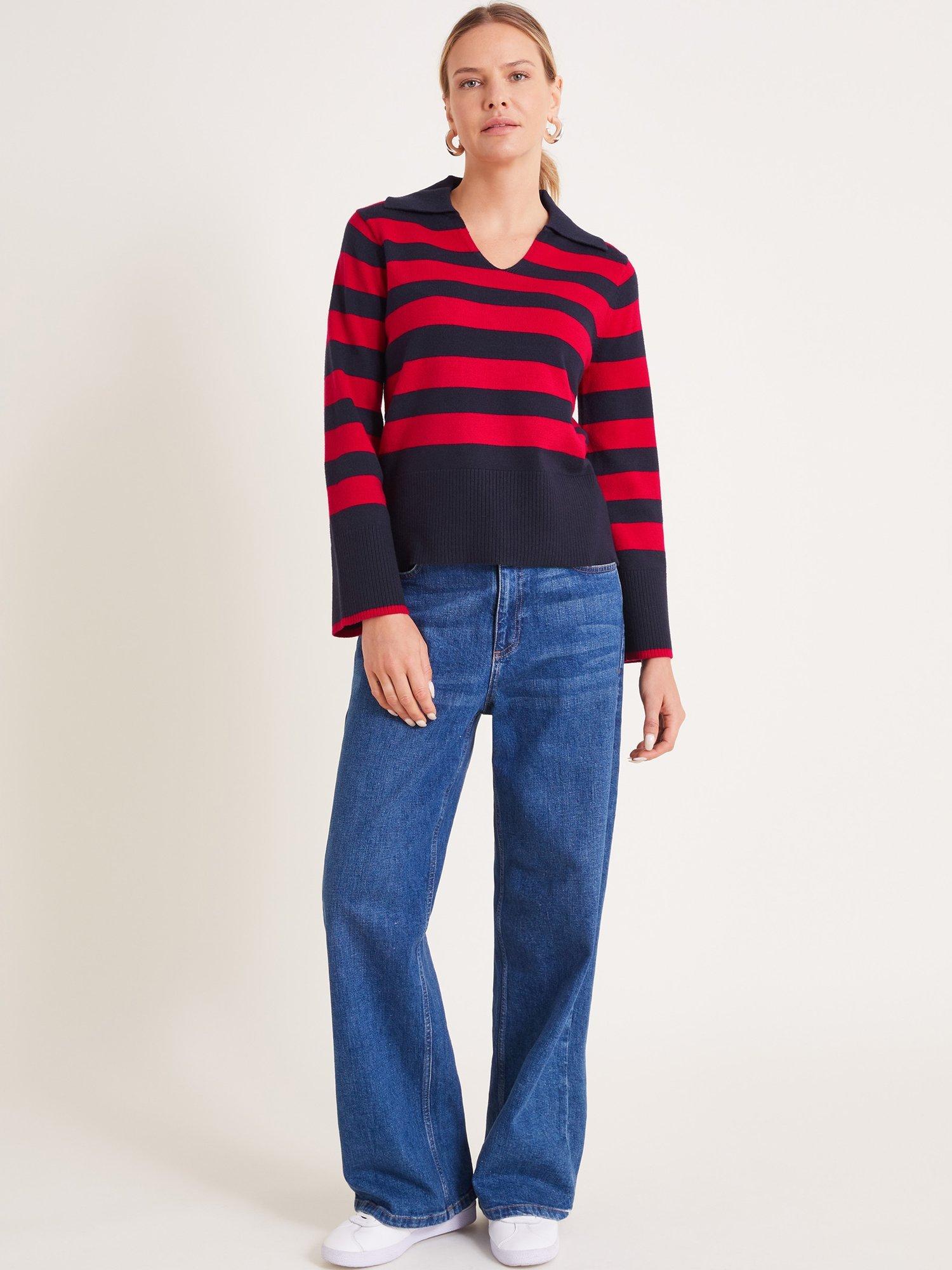 Monsoon Shay Stripe Collar Polo Jumper, Navy/Red