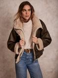 Mint Velvet Funnel Neck Aviator Jacket, Brown