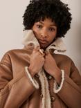 Mint Velvet Reversible Funnel Neck Borg Jacket, Tan/Ivory