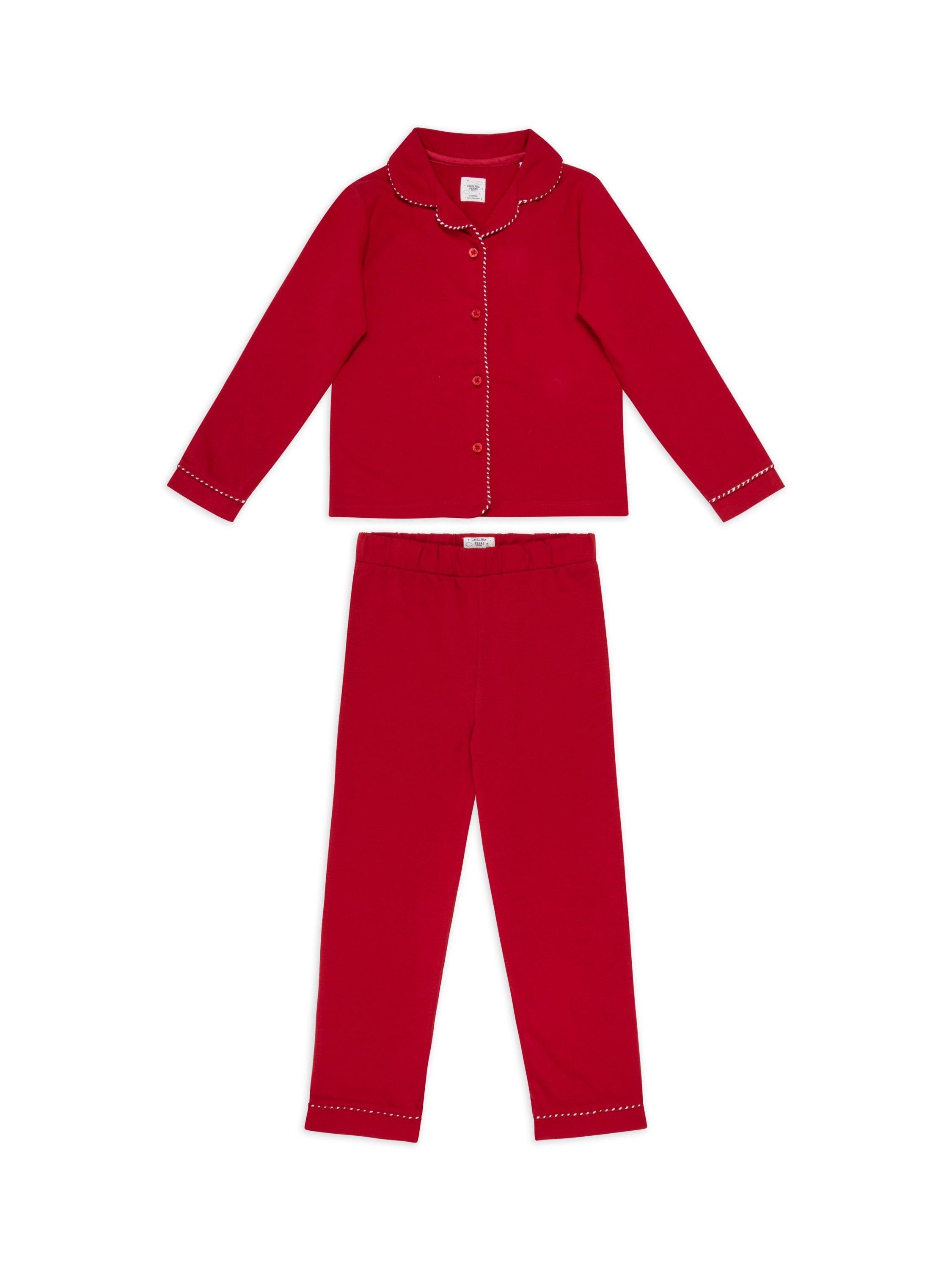 Chelsea Peers Kids' Organic Cotton Christmas Candy Cane Stripe Trim Pyjama Set, Red