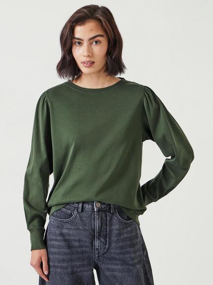 HUSH Emily Puff Sleeve Cotton Jersey Top, Dark Khaki