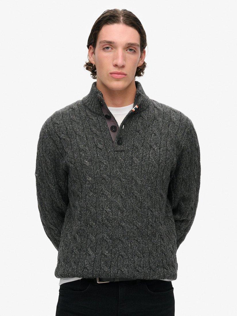 Product image 1 of 5, which shows Superdry Cable Button Neck Jumper, Washed Black, S