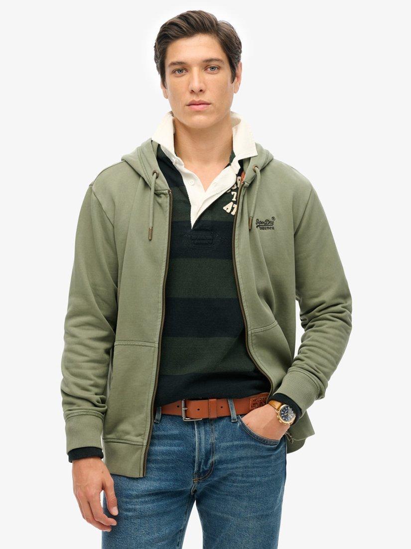 Product image 1 of 5, which shows Superdry Essential Logo Washed Zip Hoodie, Washed Beetle Green, S
