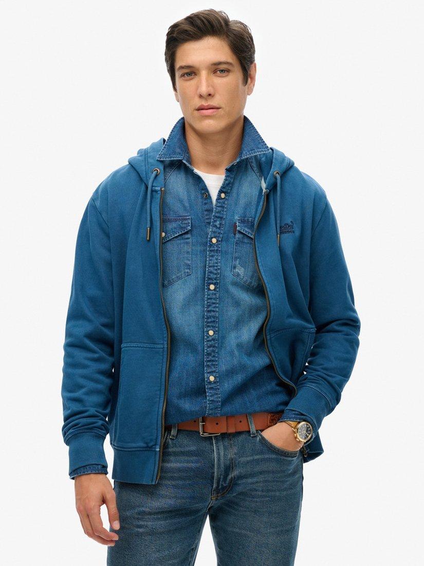 Product image 1 of 5, which shows Superdry Essential Logo Washed Zip Hoodie, Washed Insignia Blue, S