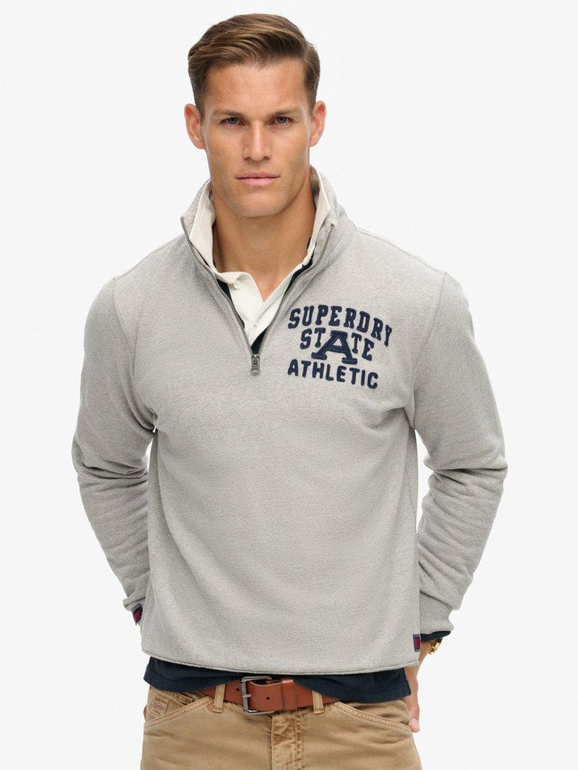 Product image 1 of 5, which shows Superdry Vintage Athletic Zip Henley Jumper, Vintage Grey Marl, XXL