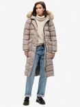 Superdry Everest Faux Fur Longline Jacket, Deep Beige Slub