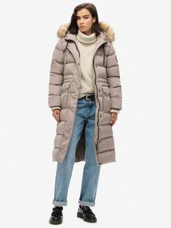 Superdry Everest Faux Fur Longline Jacket, Deep Beige Slub