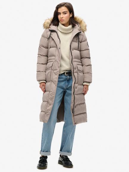 Superdry Everest Faux Fur Longline Jacket, Deep Beige Slub