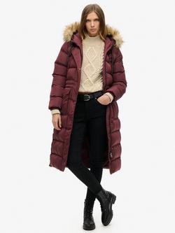 Superdry Everest Faux Fur Longline Jacket, Albarn Clay Burgundy