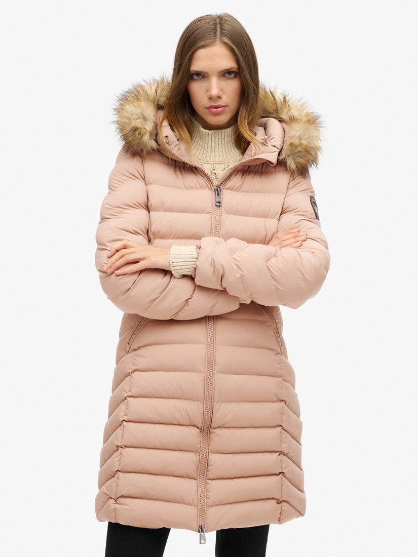 Product image 3 of 5, which shows Superdry Fuji Faux Fur Hood Mid Length Coat, Winter Taupe, 8