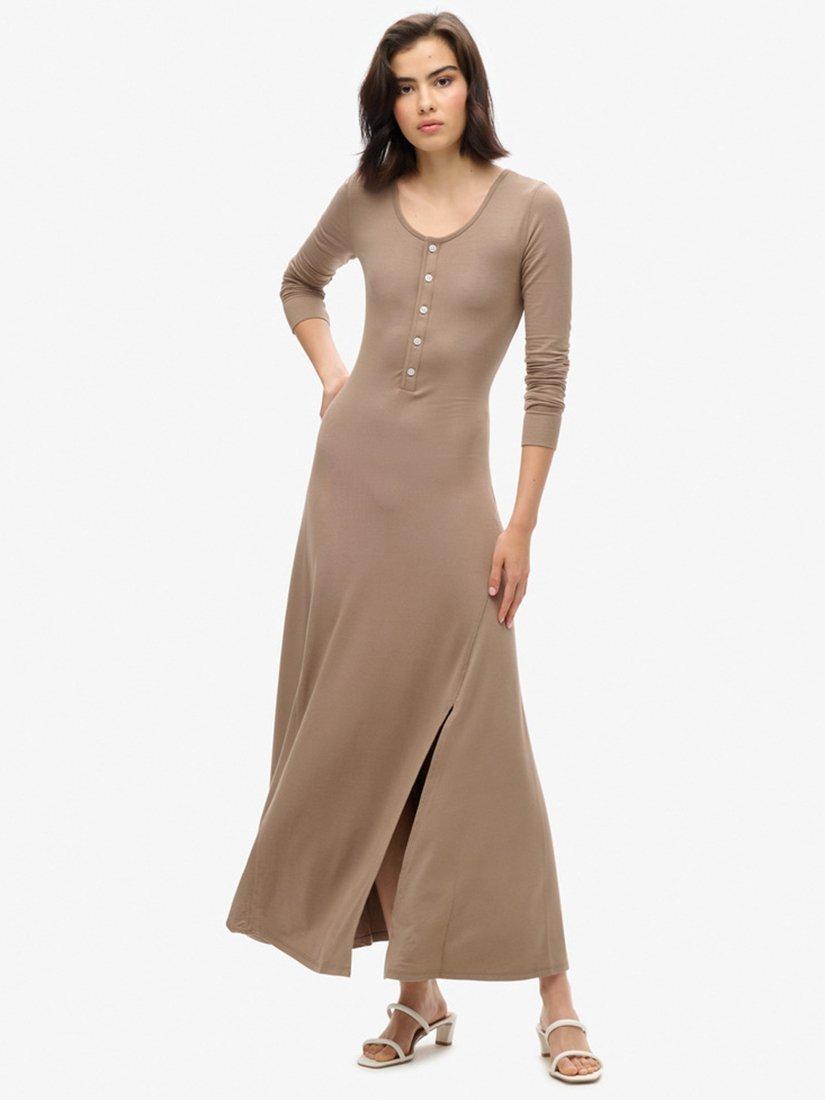 Product image 1 of 4, which shows Superdry Henley Long Sleeve Midi Dress, Fossil Brown, 8