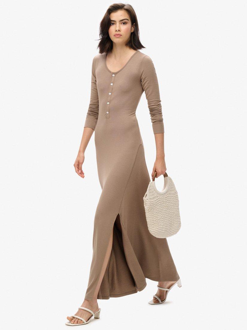 Product image 3 of 4, which shows Superdry Henley Long Sleeve Midi Dress, Fossil Brown, 8