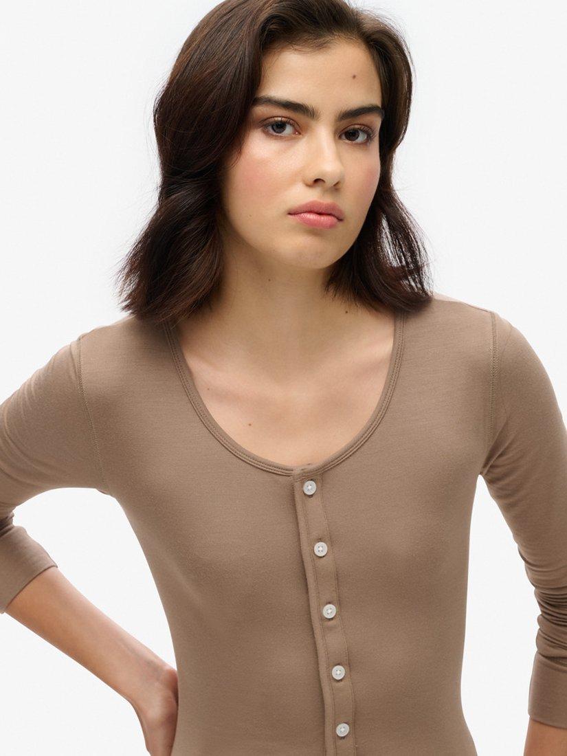 Product image 4 of 4, which shows Superdry Henley Long Sleeve Midi Dress, Fossil Brown, 8