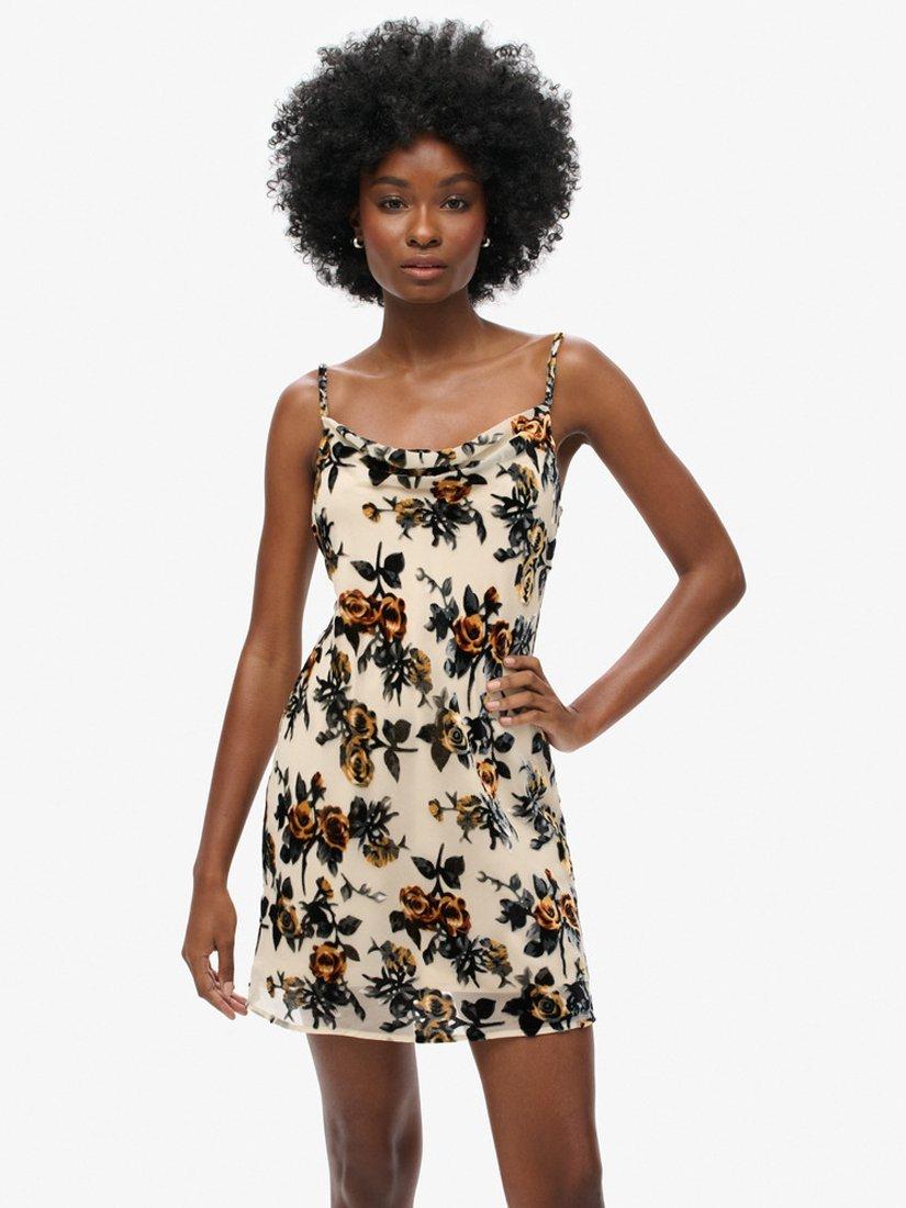Product image 1 of 6, which shows Superdry Devore Cowl Neck Mini Slip Dress, Burnt Orange Floral, 8