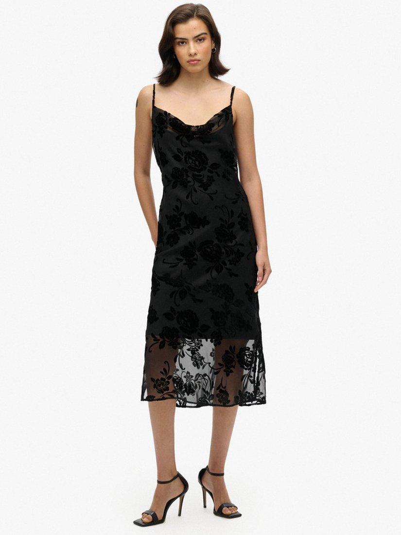 Product image 1 of 5, which shows Superdry Devore Cowl Neck Midi Slip Dress, Black, 8