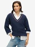 Superdry Oversized V-Neck Cricket Knit Jumper, Richest Navy