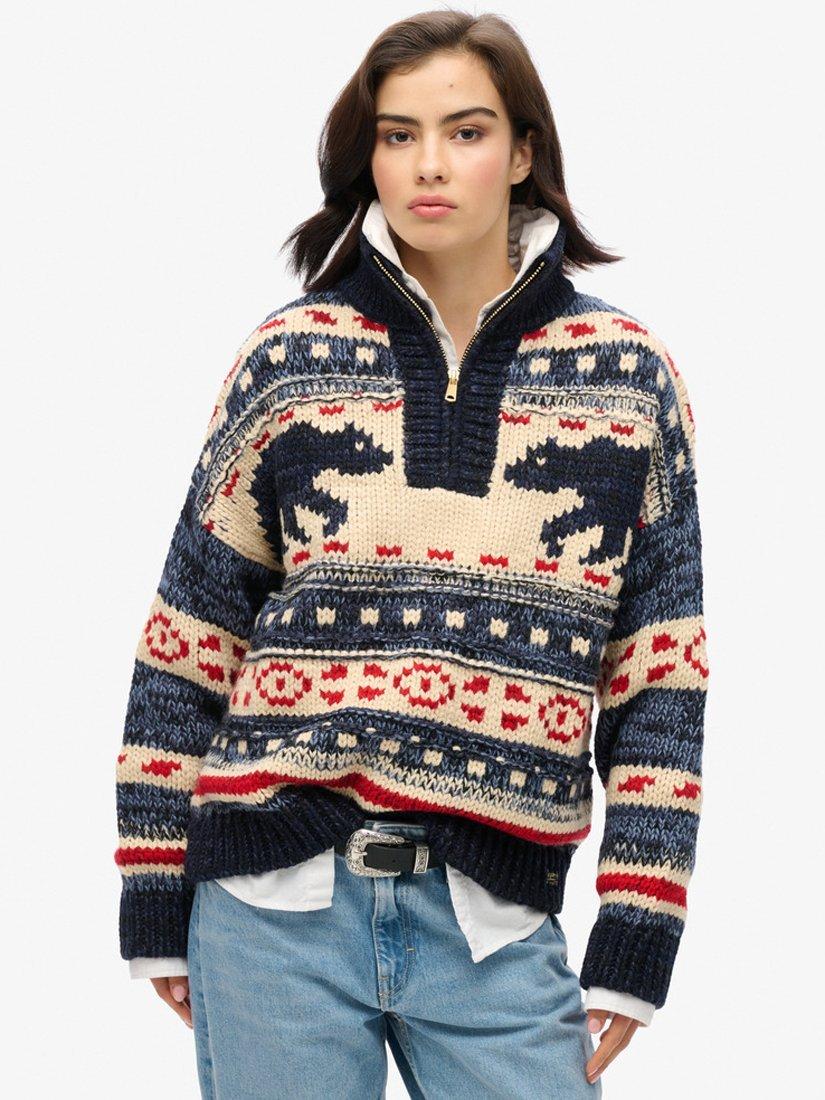 Superdry Ski Lodge Zip Neck Jumper, Island Navy/Multi