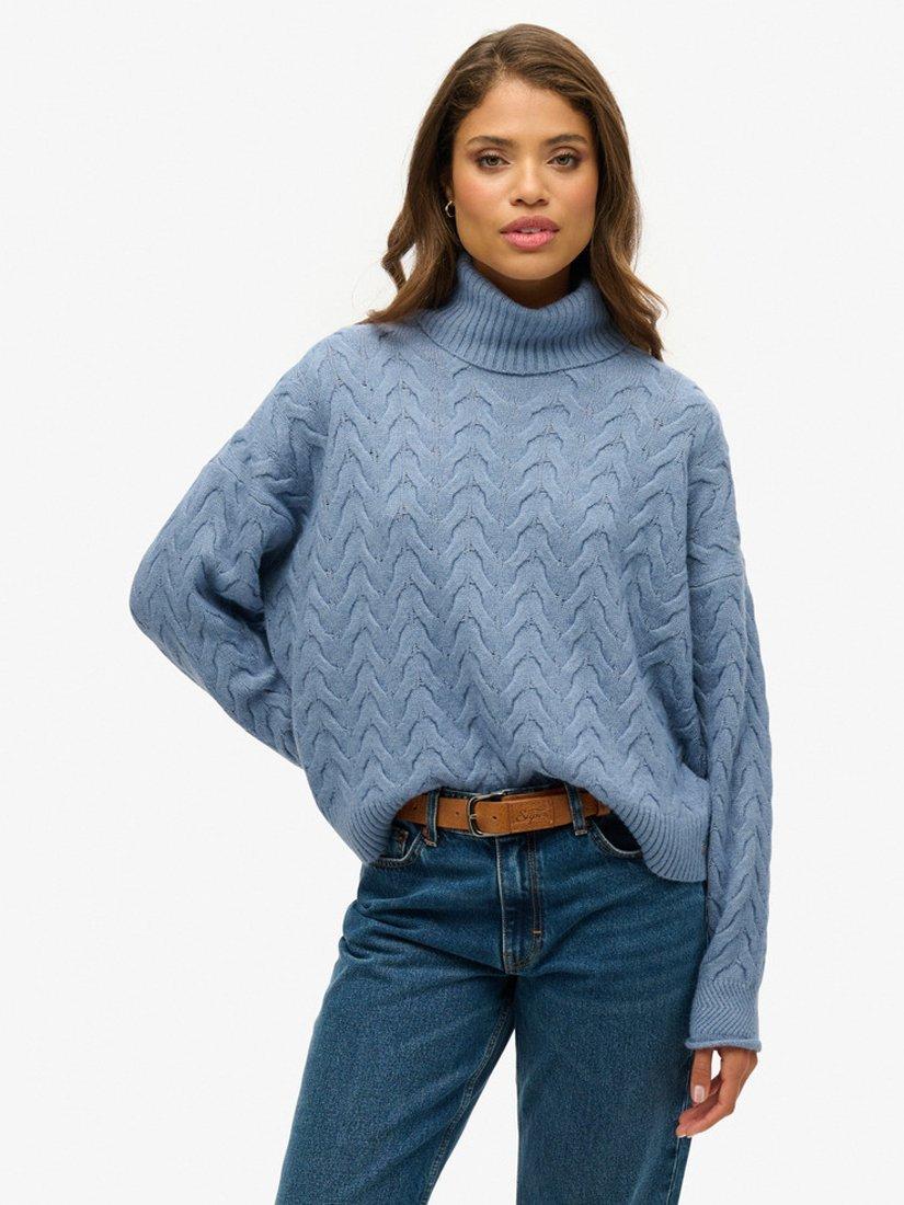 Superdry Lightweight Cable Roll Neck Jumper, Mid Blue Twist