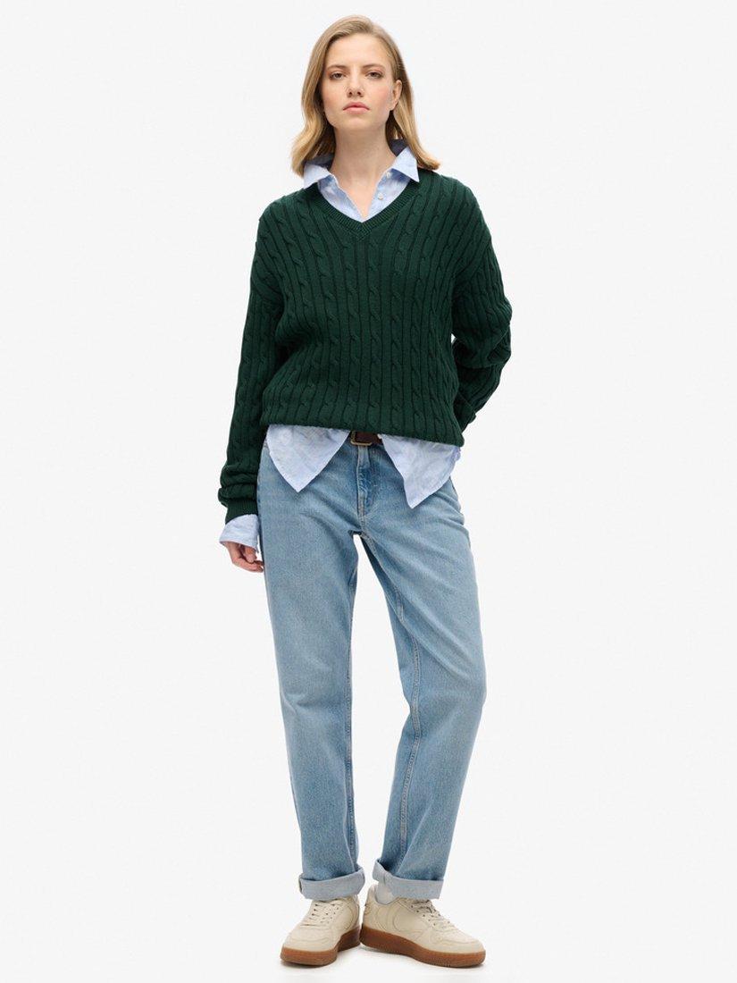 Product image 2 of 2, which shows Superdry Oversized V Neck Cable Jumper, Darkest Pine Green, 6-8